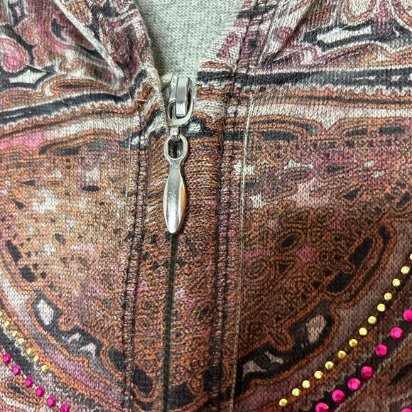 Vintage Y2K One World 2X Gray Boho Floral Rhinestone Zip HoodieY2K - Picture 4 of 7